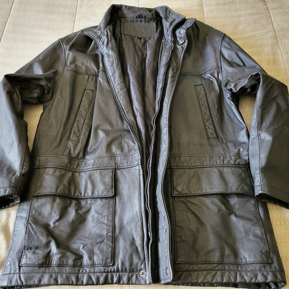 Trader Bay Men's 5-pocket Genuine Leather Jacket - Large, Mid-length, Black